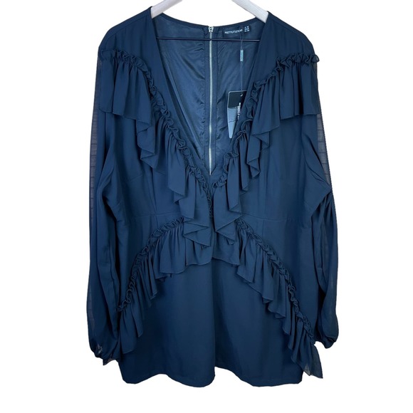 PrettyLittleThing Plus Black Chiffon Frill Detail Bodycon Dress Size 22 - Picture 3 of 7